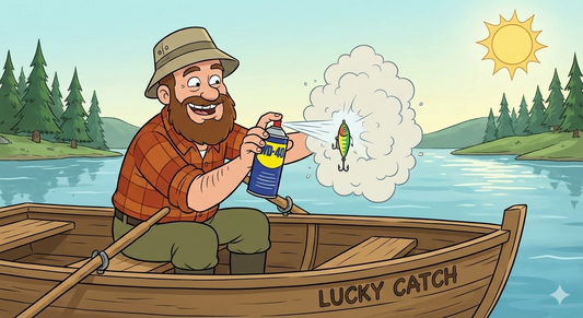 a cartoon man spraying wd40 on his lure
